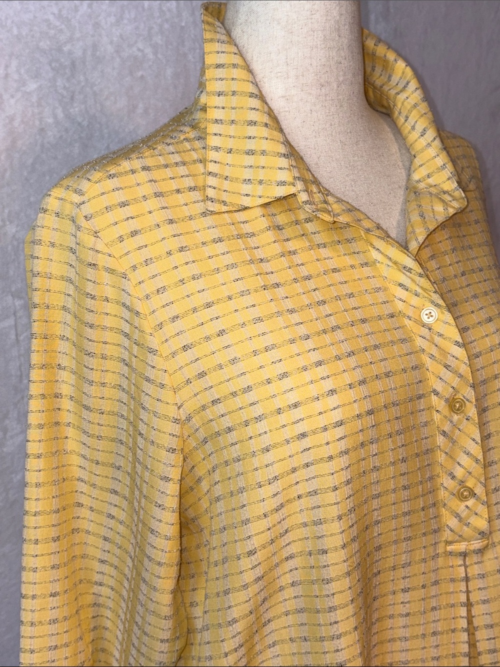 christopher & banks yellow& white plaid button-up textures tunic pockets LARGE